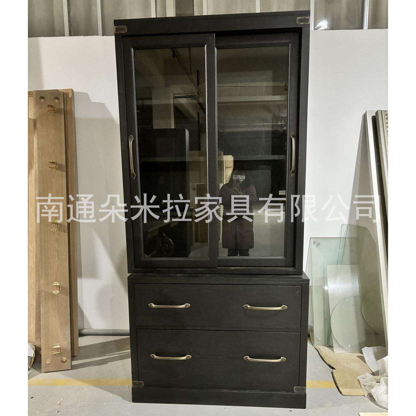 外贸复古实木书柜美式橡木黑色玻璃门防尘展示柜置物柜客厅储物柜