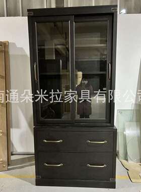 外贸复古实木书柜美式橡木黑色玻璃门防尘展示柜置物柜客厅储物柜