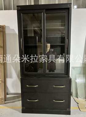 外贸复古实木书柜美式橡木黑色玻璃门防尘展示柜置物柜客厅储物柜