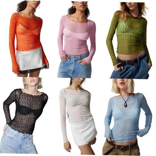 Sexy lace mesh T-shirt slim fitting outerwear top