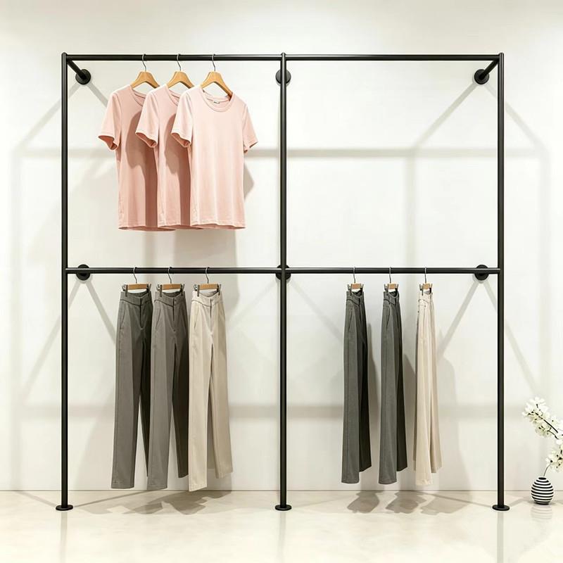 服装店展示架上墙双层挂衣服架子婚纱店西服裤子黑色加粗陈列货架图片