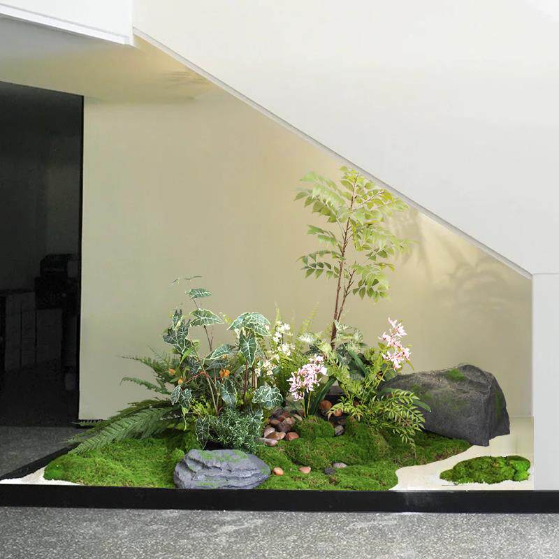 中式仿真竹子造景室内绿植物园景酒店办公室花槽青苔厥叶石头景观