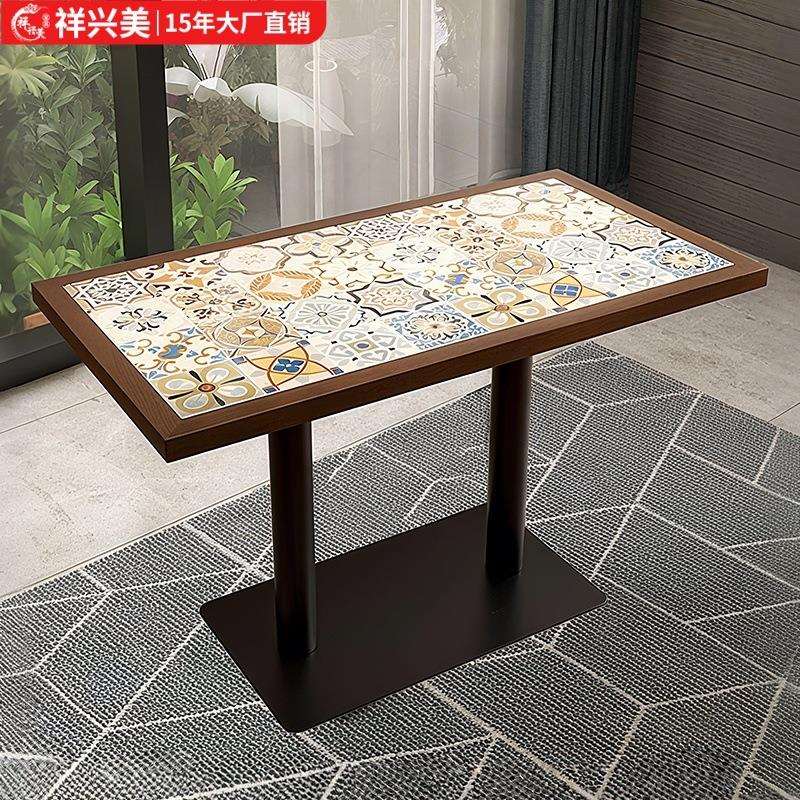 岩板餐桌商用实木餐饮小吃店奶茶面馆麻辣烫小吃汉堡西餐厅方桌子