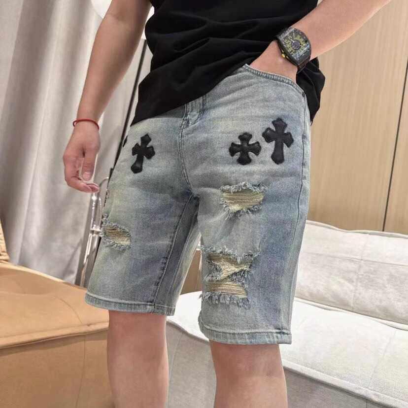 牛仔短裤男款夏季潮牌复古水洗蓝色破洞五分裤宽松直筒休闲中裤子