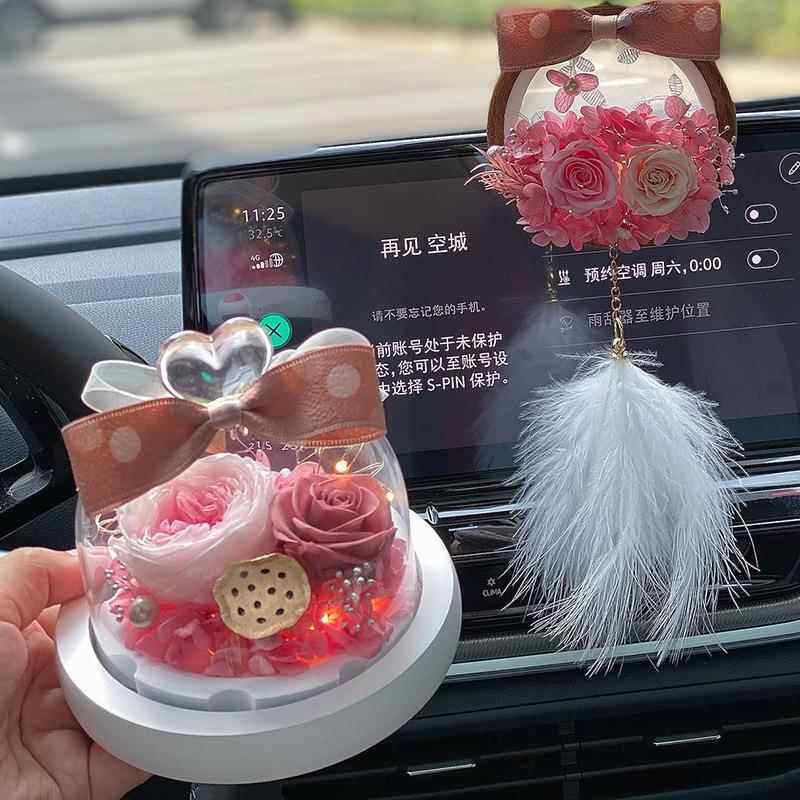 新款直销繁花似锦玫瑰永生花车载摆件套组后视镜挂饰摆件透明玻璃