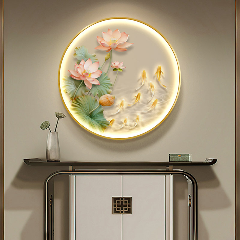 荷花九鱼图发光玄关装饰画新中式圆形走廊轻奢led灯光画壁画挂画图片