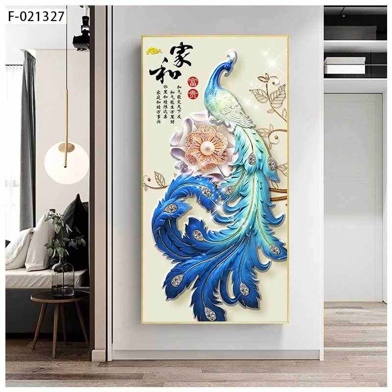 装饰画孔雀客厅走廊过道竖版入户玄关画酒店床头画晶瓷镶钻挂画图片
