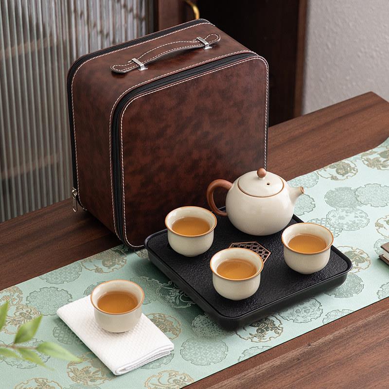 黄汝茶壶旅行功夫茶具套组可携式包式户外汝窑一壶四杯茶盘家用简