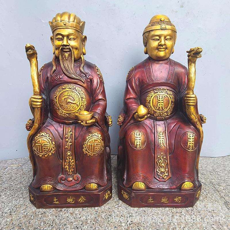 纯铜土地公土地奶铜像地主爷地主婆福德正君神像土地爷一套摆件