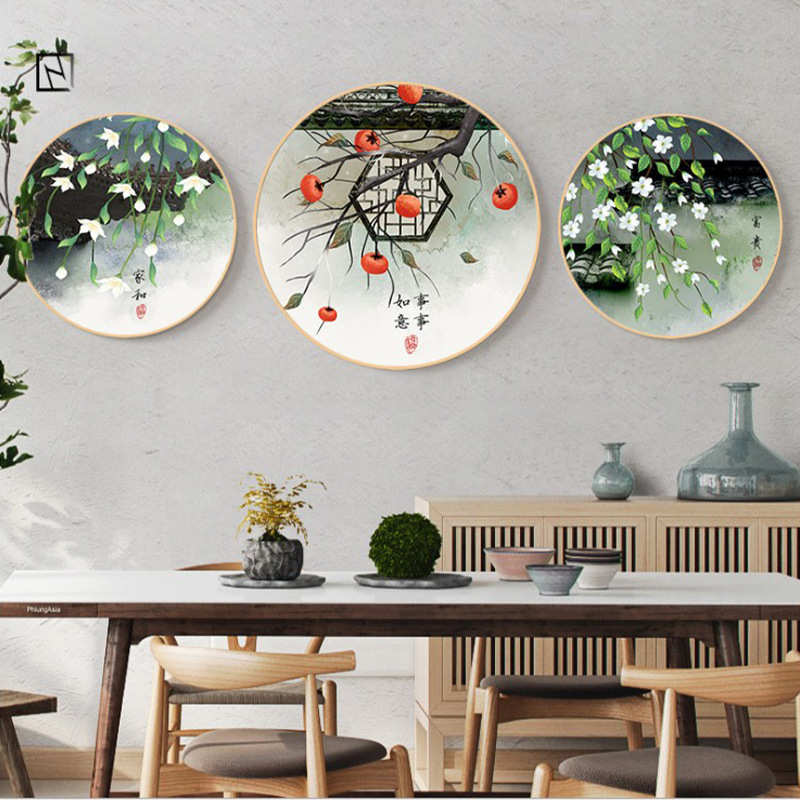 中式客厅圆形装饰画荷花玄关壁画餐厅挂画实木圆框画沙发背景墙画图片