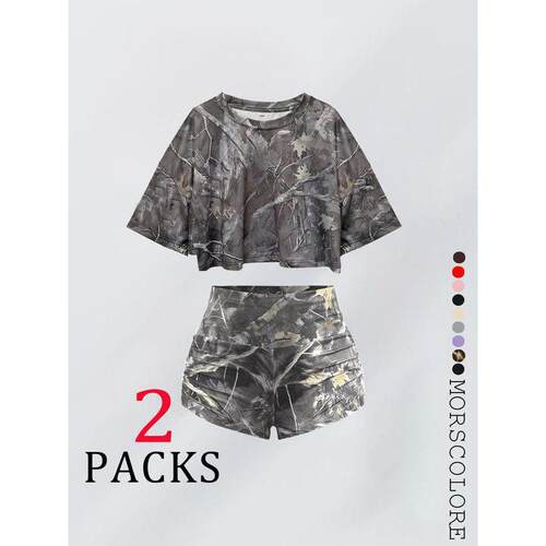 Women's Solid Color / All Over Print Crop Top & Shorts