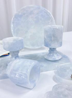 冰川蓝水晶大理石桌面装饰天然石材托 托盘香薰烛台现代简约花瓶
