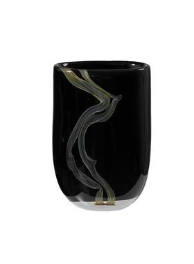 现代简约茶色水波纹扁口黑色琉璃花瓶样板房酒店花艺软装高端装饰