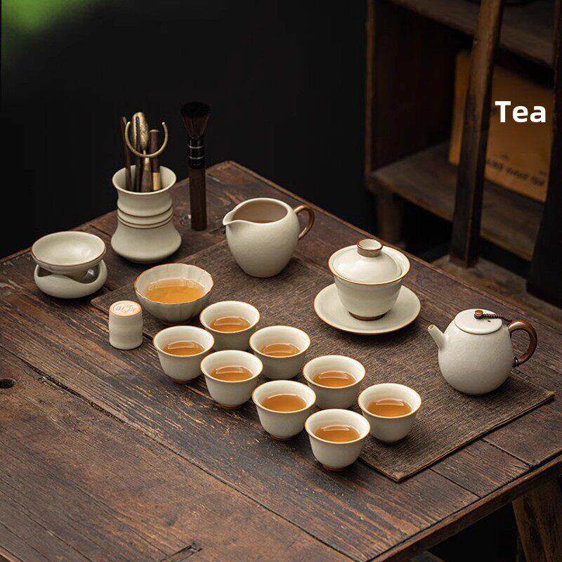 高端汝窑功夫茶具,全套冰裂,可提可开,陶瓷办公茶壶,有盖碗,