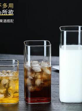 高硼硅耐热玻璃杯ins透明花茶杯啤酒威士忌牛奶果汁杯四方水杯子