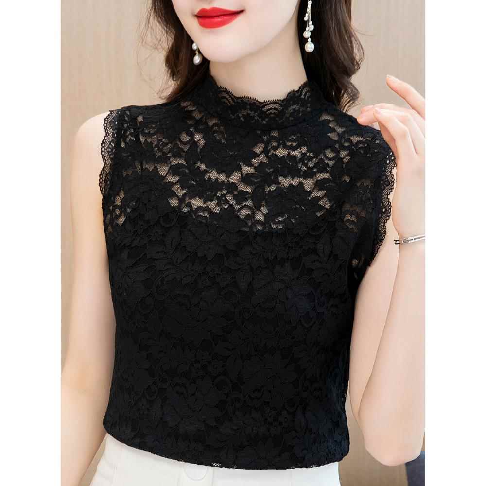蕾丝背心妇女短半高领假领西装与底衬衫多才多艺的时尚无袖上衣