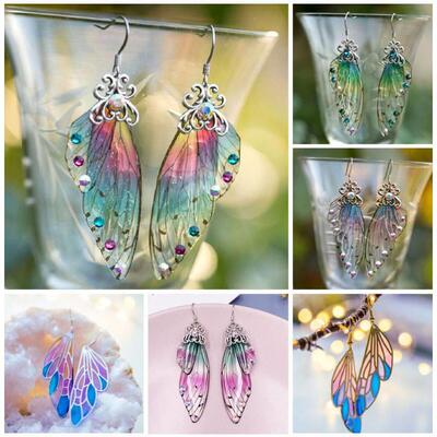 Fantasy Neon Color Rhinestone Cicada Wings Earrings Trendy N