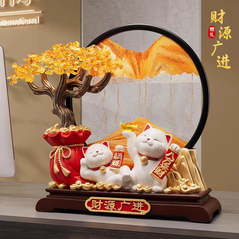 新中式发财树招财猫流沙画 画摆件办公室电视柜装饰乔迁新居开 业