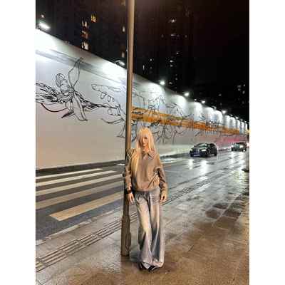 OKINE/V领针织衫POLO翻领套头毛衣长袖复古慵懒短宽基础纯色秋冬