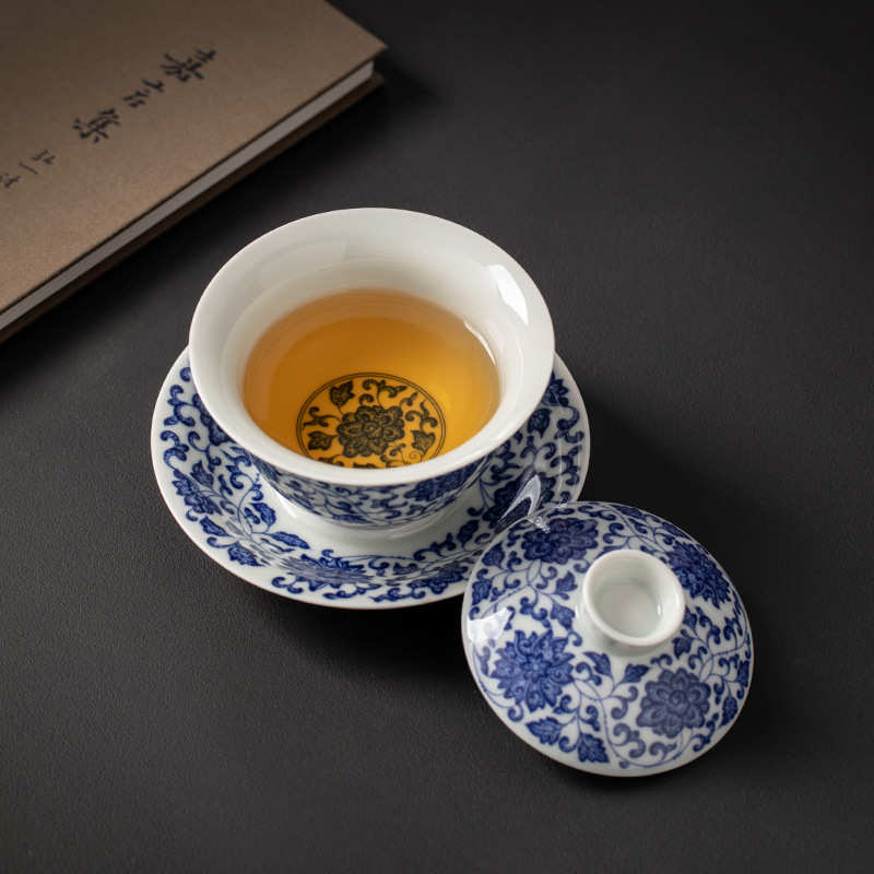 景德镇缠枝莲三才盖碗茶杯子单个家用办公室敬茶碗功夫茶具泡茶器