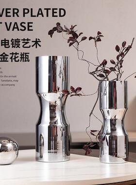 轻奢电镀银花瓶直筒玻璃摆件客厅插花创意酒柜样板房家居陶瓷装饰