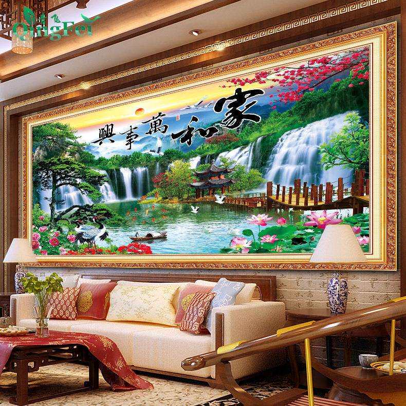 青飞精准印布家和万事兴迎客松流水生财十字绣仙鹤客厅大气挂画绣