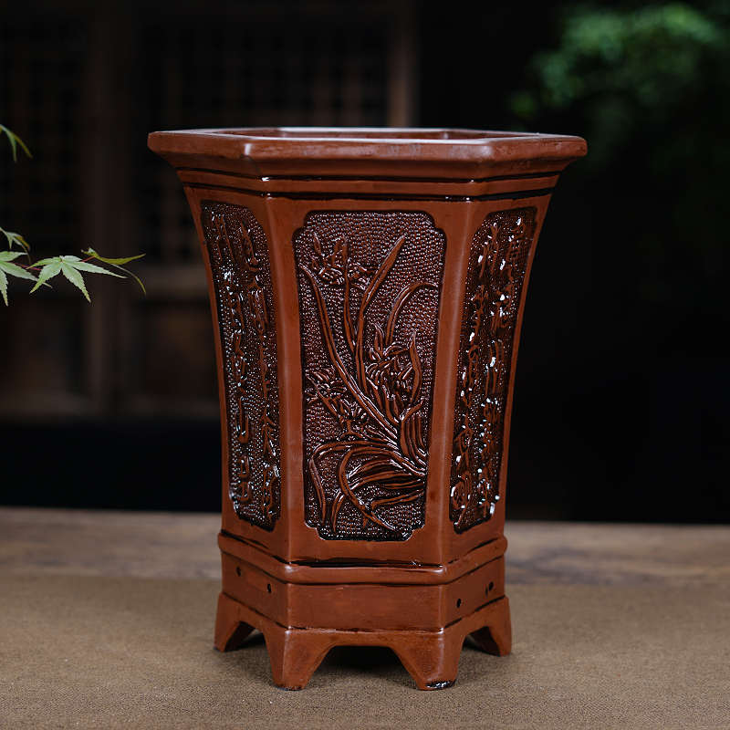 宜兴紫砂花盆君子兰花盆仿古浮雕四季春多肉绿植盆景花盆陶瓷古典