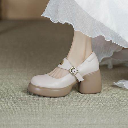 浅口厚底小皮鞋女真皮粗跟玛丽珍鞋2025年新款春夏季花朵高跟单鞋