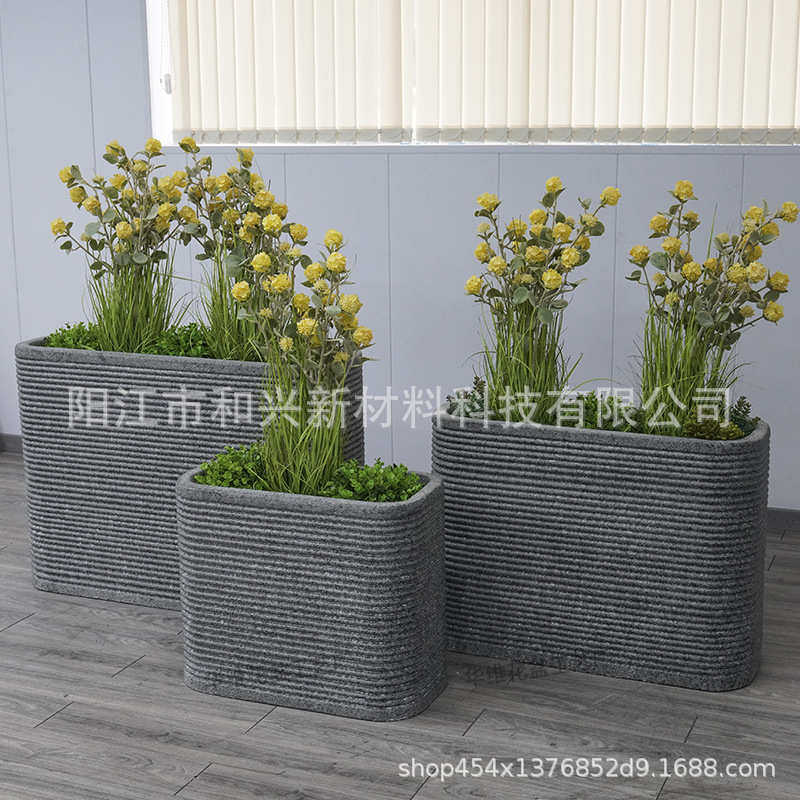 厂家圆边条纹花瓶户外落地花箱水泥绿植盆栽玻璃钢花盆摆件定制