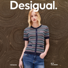 Desigual24春夏针织彩色条纹荷叶摆圆领短袖女式针织开衫