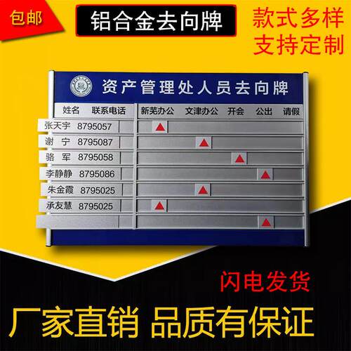 定制铝合金工作人员去向告知牌岗位磁性去向牌可更换指示牌科室牌