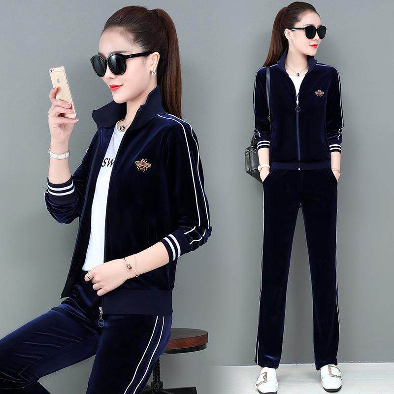 大金丝7701绒套装女春秋衫新款件时尚韩版码立领开运动休闲三套潮