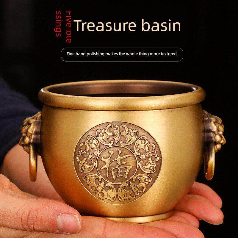 铜百福缸黄铜米缸聚宝盆摆件家居客厅办公室装存钱罐祇进不出