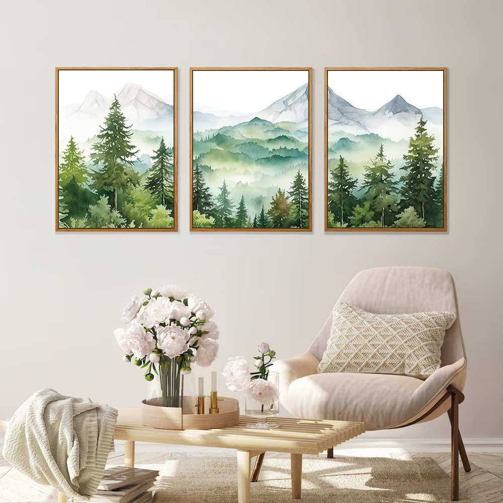 北欧森林风景客厅装饰画三联带框帆布画文艺挂画喷绘油画布批发,家居饰品,现代装饰画,淘宝优惠券,粉丝福利购,淘宝优惠卷