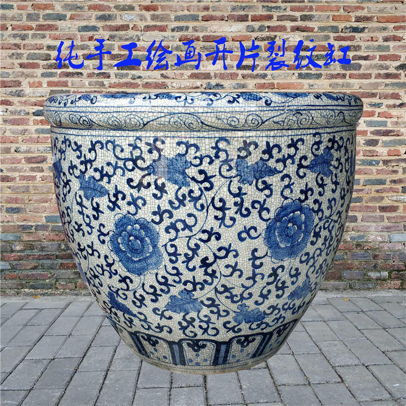 筒仿古书画缠莲鱼缸开青花裂纹摆件器手绘枝家居陶瓷片景德镇插花