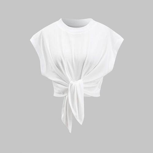 Women'S Solid Color Tie Front Crop Tee, Casual Round Neck