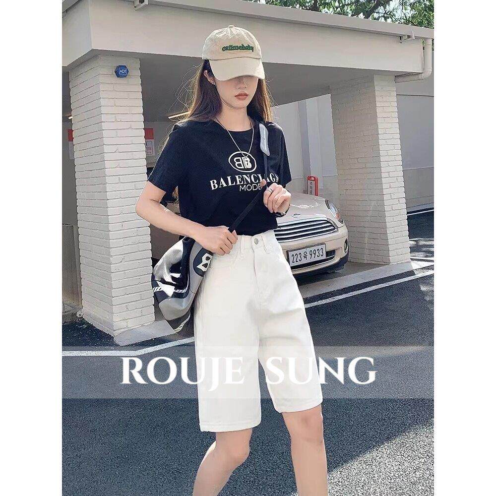 ROUJE SUNG~白色美式高腰牛仔短裤女夏季宽松复古直筒阔腿五分裤