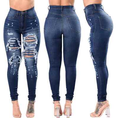 Pocket Button Ripped Jeans Washed Faded Women Casual Waist