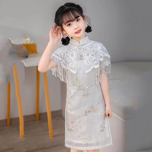 汉服国风女童旗袍夏季儿童演出服小女孩礼服新中式披肩公主裙童装