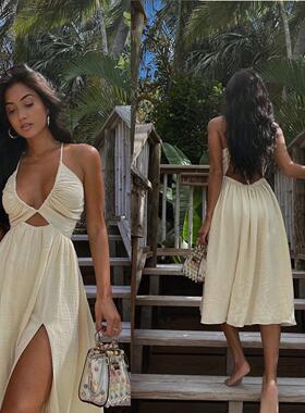 Wrap chest collar dress with a stylish slit and large