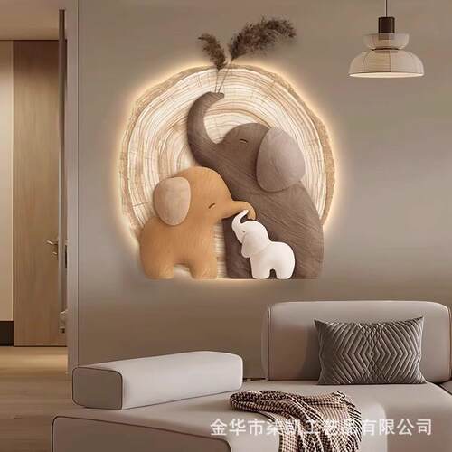 侘寂风大象玄关装饰画立体砂岩实物画走廊过道挂画led发光壁灯画