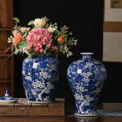 景德镇手绘冰梅花瓶水培花匠人重工陶瓷摆件花盆仿古中式玄关