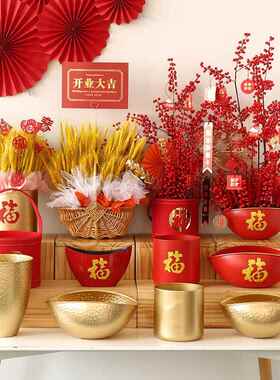 铁艺福桶福字抱抱桶银柳干花圆形红色花盒包装盒开业乔迁结婚花桶