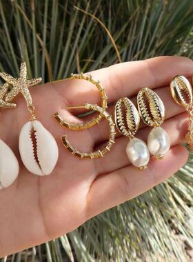 Bohemian shell starfish stud earrings jewelry女士4对休闲耳环