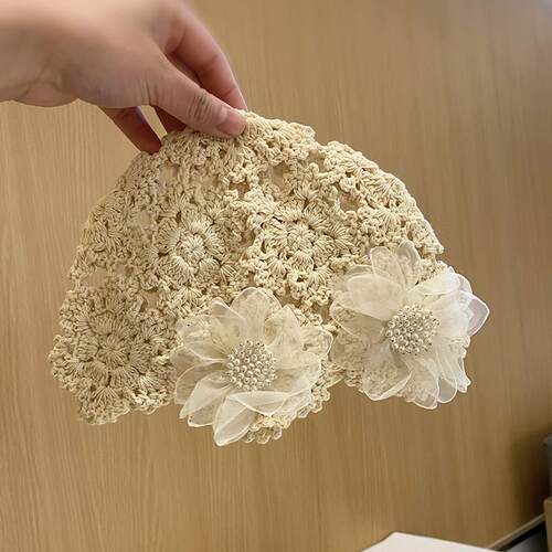 帽子日系优雅花朵套头女士手工钩织镂空包头帽春夏天百搭贴1010d