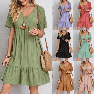3 Women Summer Dresses V Neck Eyelet Tunic Dress Sleeve