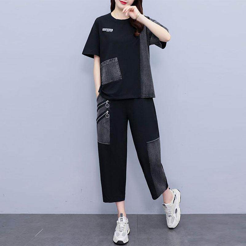 时尚休闲套装女夏薄款2025新款洋派宽松拼接牛仔短袖哈伦裤两件套