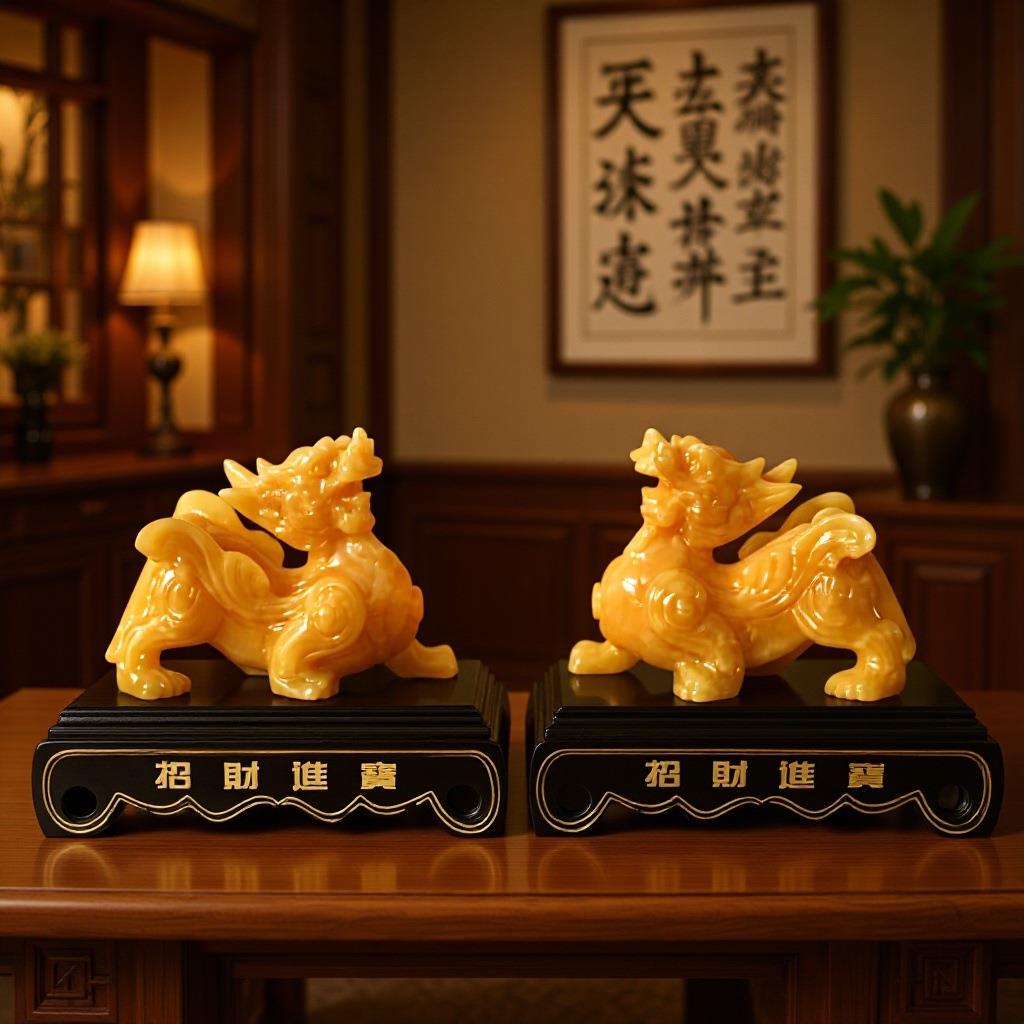 天然黄玉麒麟摆件办公室客厅摆件玉器工艺品摆饰直播玉器摆件