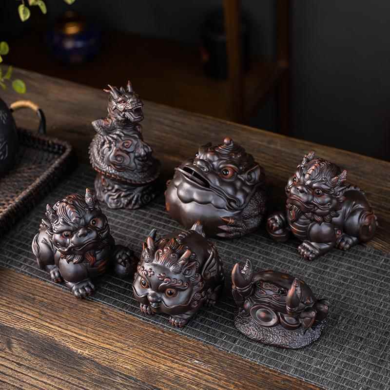 紫陶茶宠摆件茶桌全饰精品茶玩茶台金蟾飞龙麒麟貔貅八方来财