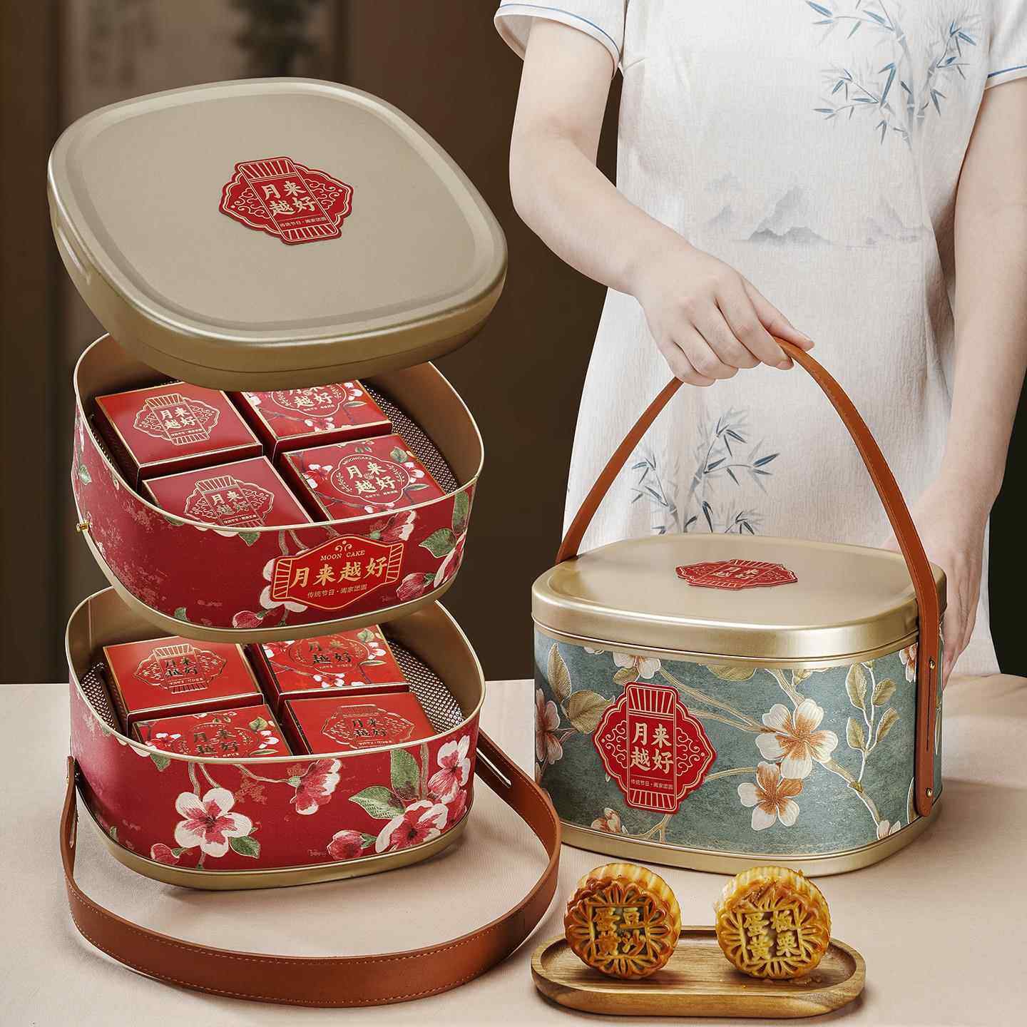 中秋新款月饼礼盒包装盒粒手提国风双层广式月饼盒铁盒定制